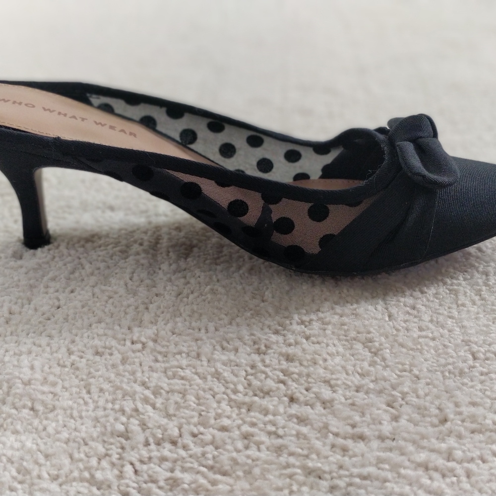 Black, kitten heel, mules with polka dots
